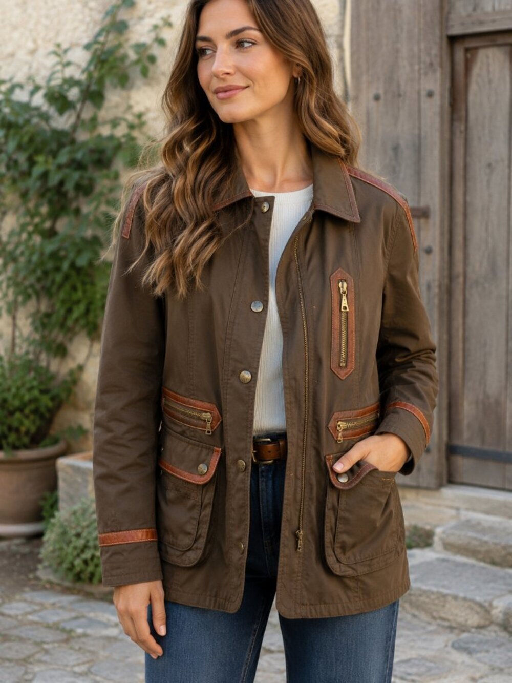 Vintage Bogner Utility Field Jacket Brown Leather Trim Safari Jacket Est Medium - Picture 14 of 14